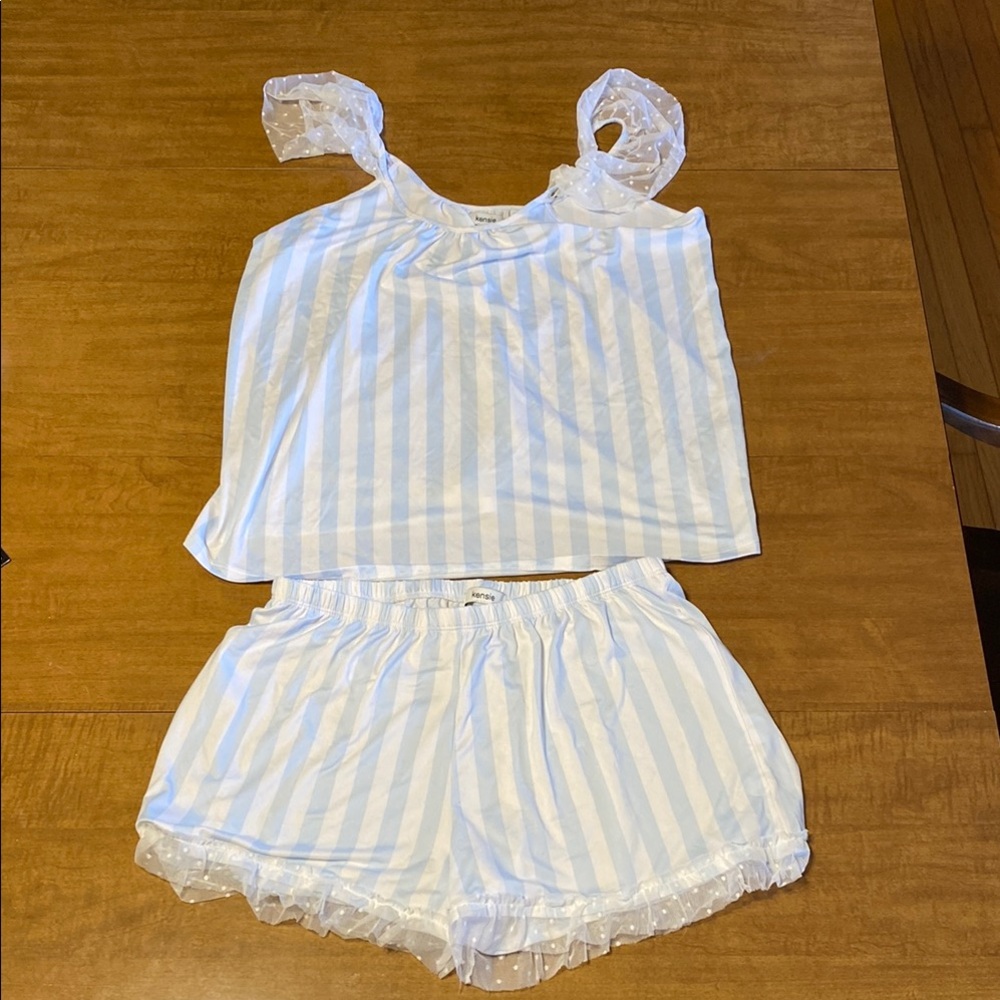 Kensie Striped Jersey Knit Tank & Shorty Ruffled Pajama Set